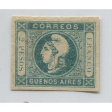 ARGENTINA 1862 GJ 20 CABECITA NITIDA ESTAMPILLA NUEVA DE COLOR AZUL VERDOSO Y GRANDES MARGENES MUY RARA, LUJO U$ 385